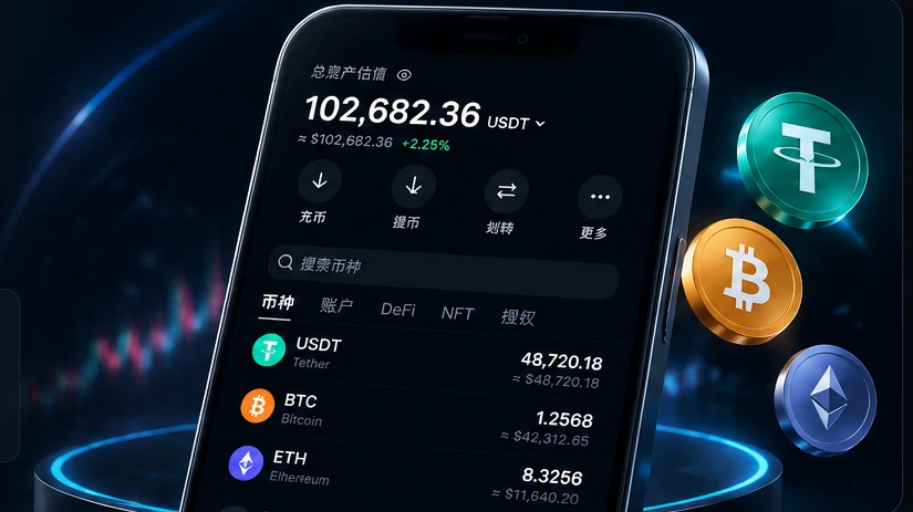 欧易资产管理与账户功能界面展示